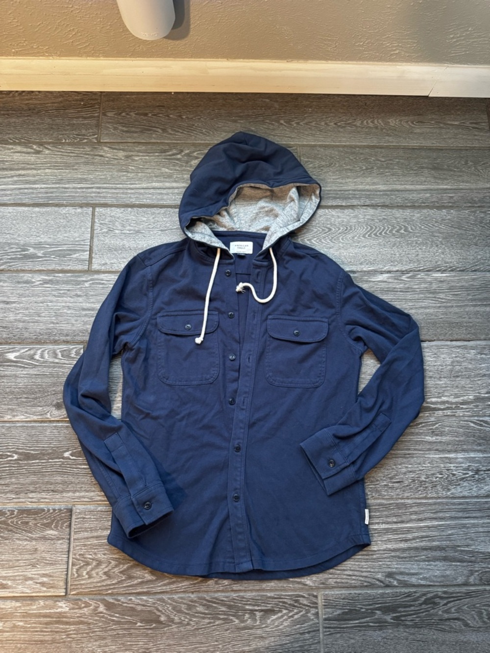 American Eagle Outfitters Navy Hooded Button-Down Shirt